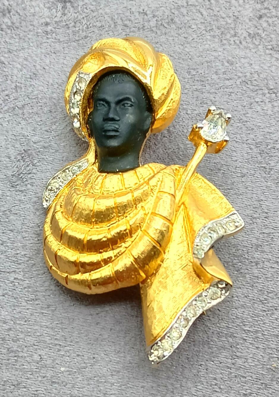 Vintage Blackamoor Royal Black African Queen Rhinestone Brooch